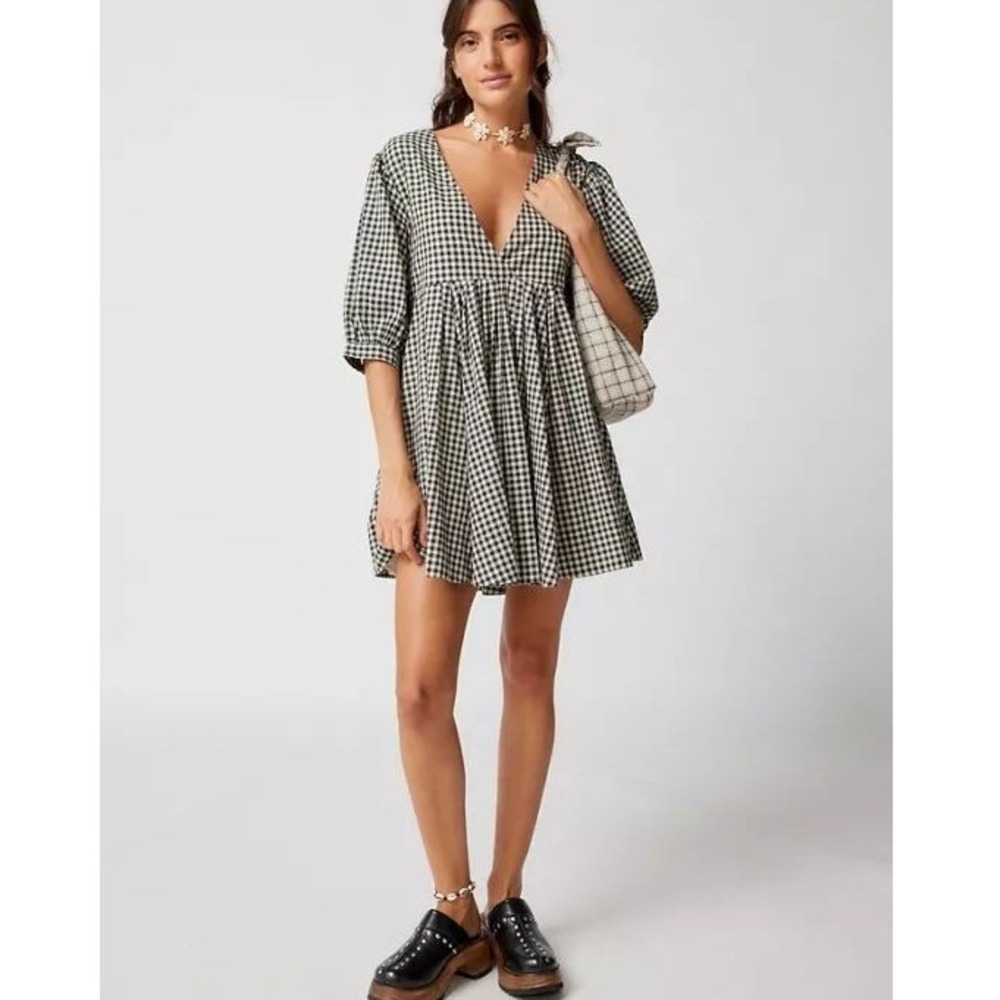 Ecote Vero Gingham Short Sleeve V-Neck Mini Dress with Pockets Size Large